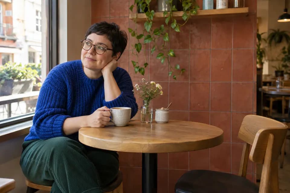 Coffee and conversation: adult with ceramic coffee cup and empty opposite chair.